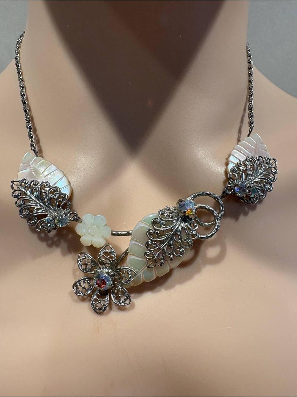 Coquette Silver Filigree Mother of Pearl Leaf Statement Necklace | AB Crystal